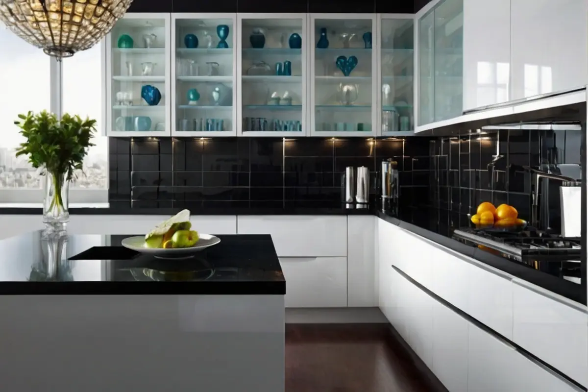 A futuristic Backsplash Designs for White Cabinets and Black Countertop