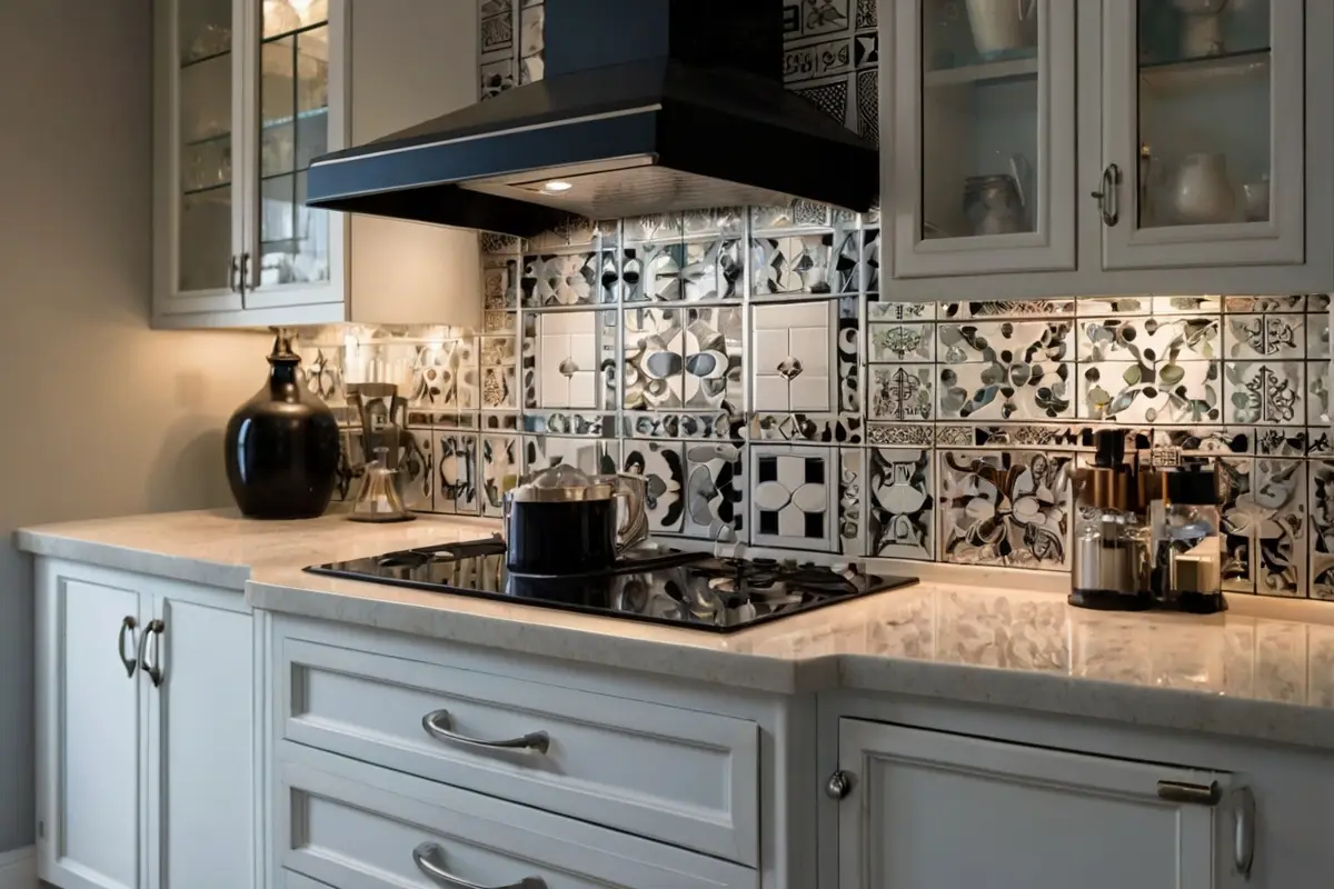 A modern Backsplash Designs for White Cabinets and Black Countertop