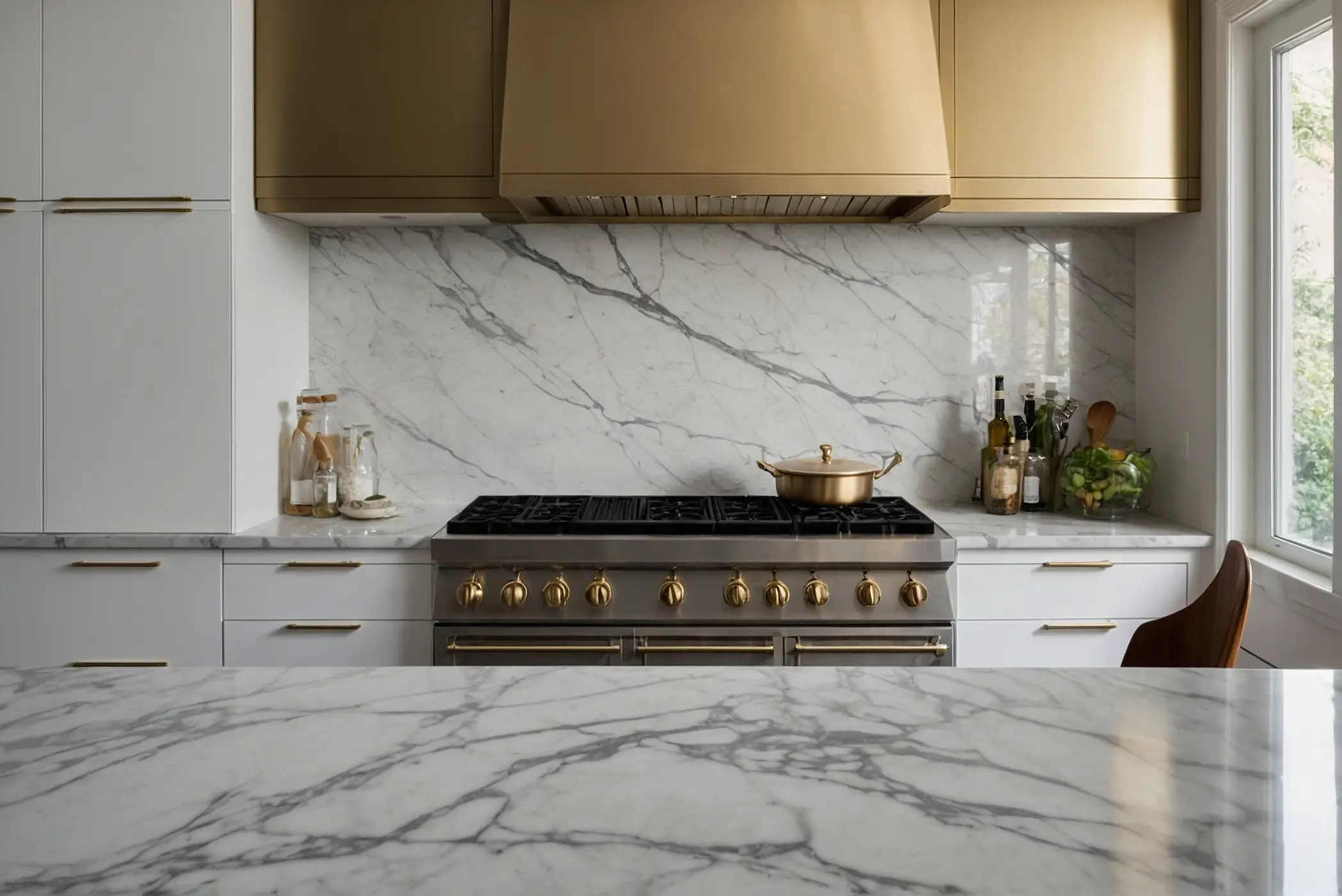 A stunning marble backsplash white cabinets 0