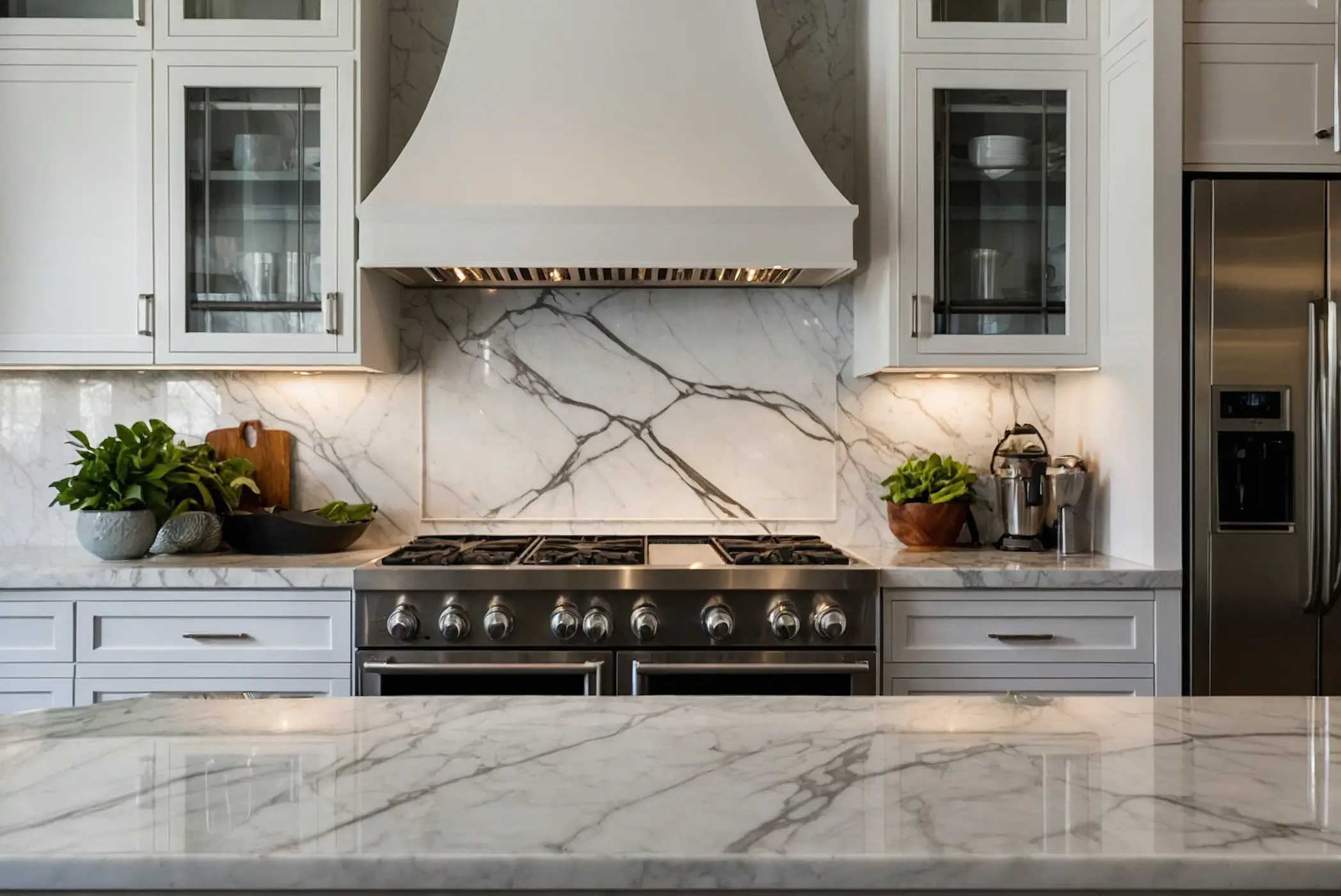 A stunning marble backsplash white cabinets 1