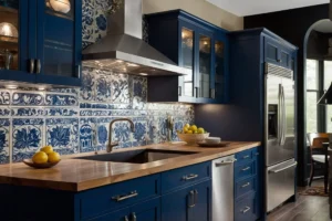 Backsplash Ideas for Blue and White Kitchen Cabinets