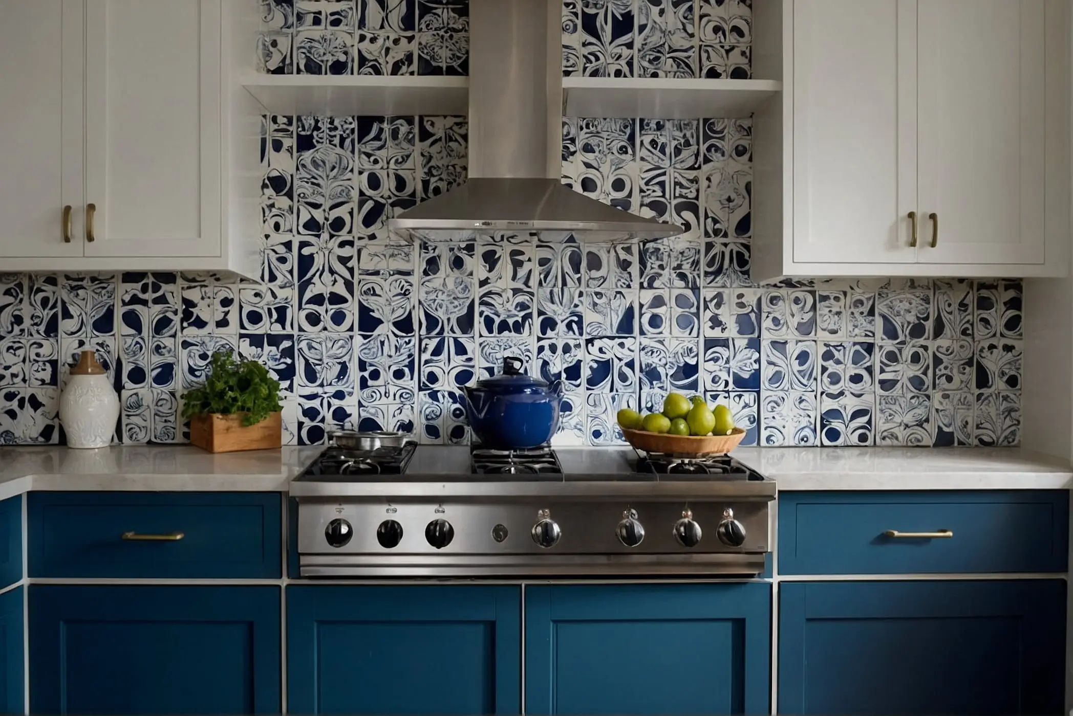 Backsplash ideas for Blue and White Kitchen Cabinets 4