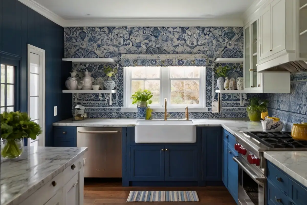 Classic Backsplash Ideas for Blue and White Kitchen Cabinets 1