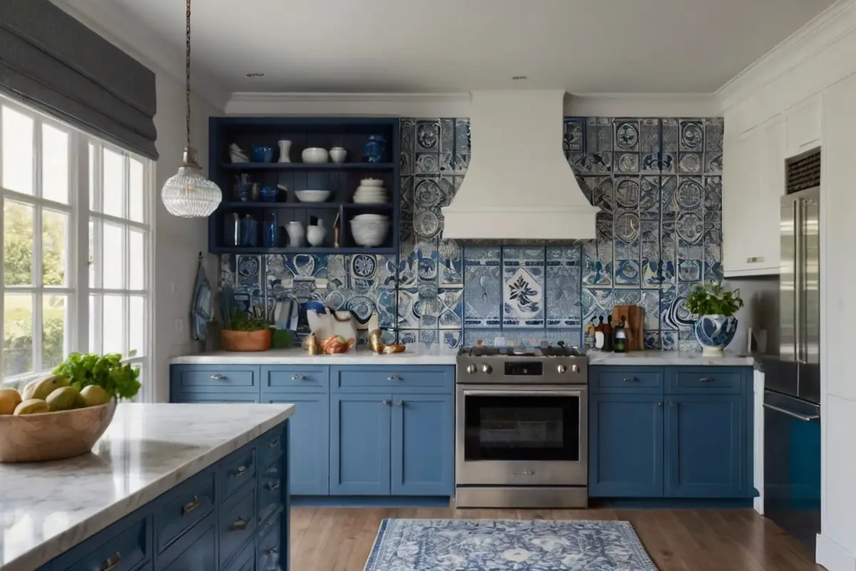Classic Backsplash Ideas for Blue and White Kitchen Cabinets 2