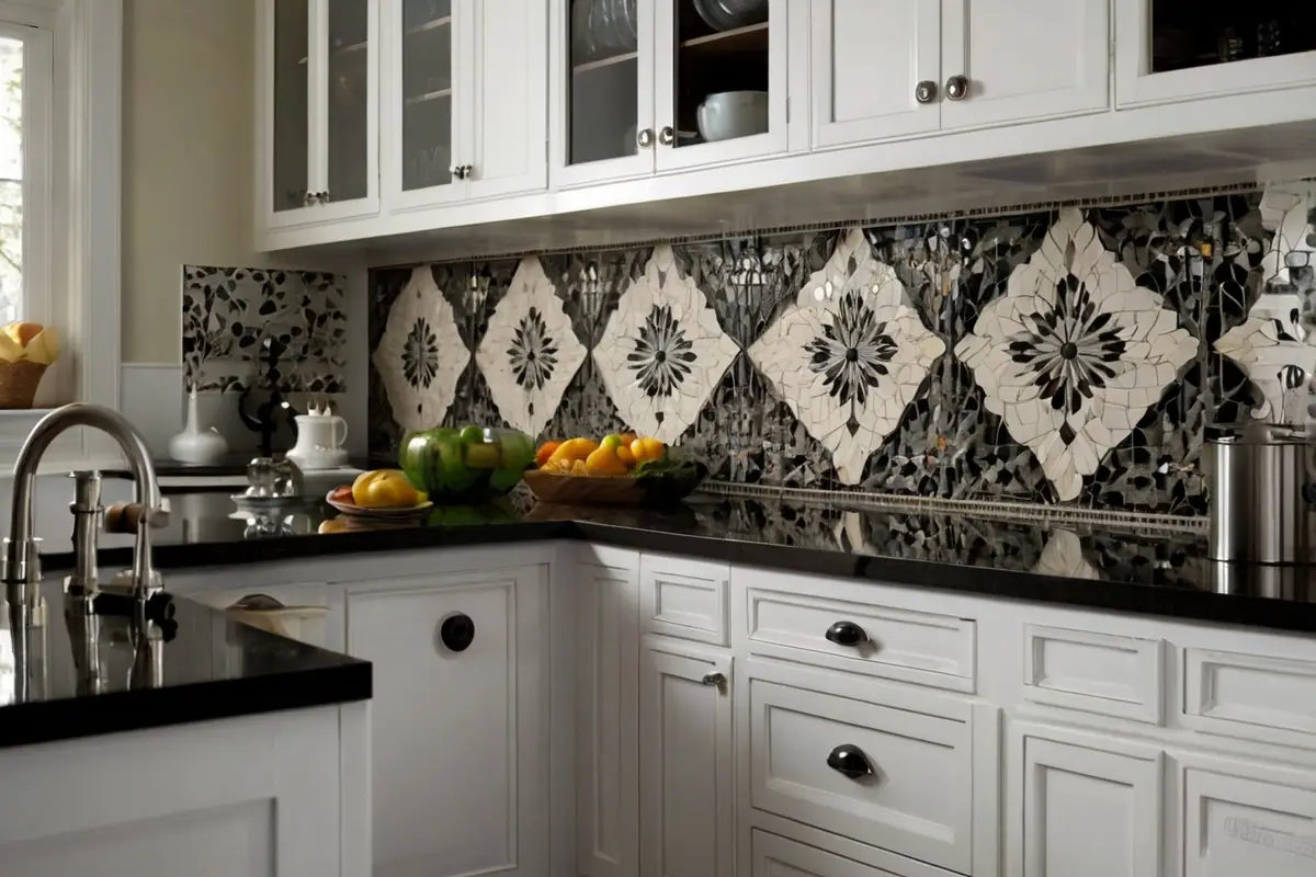 Classic Backsplash White Cabinets Black Countertop