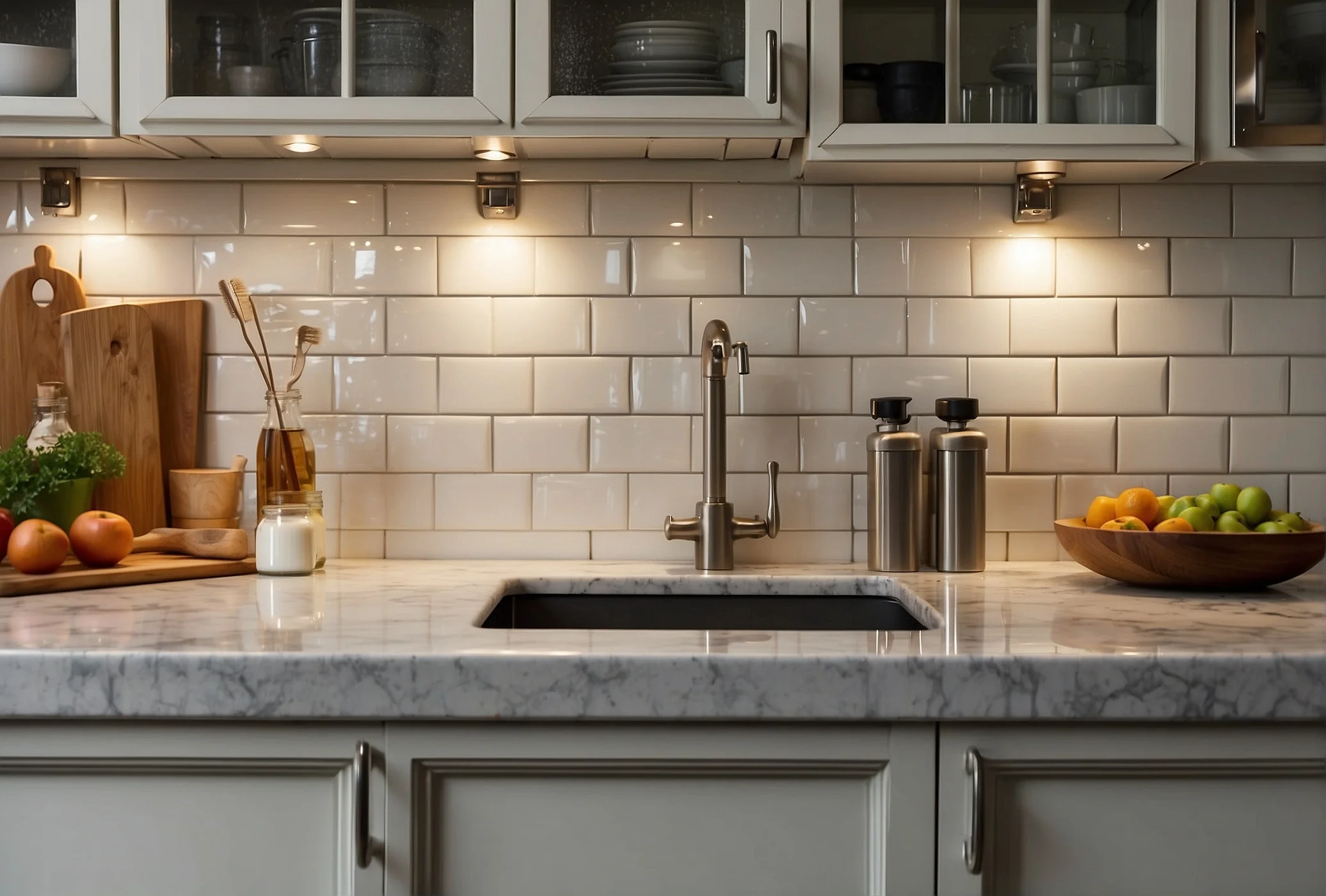 Subway TIle Backsplash with Off-White Cabinets