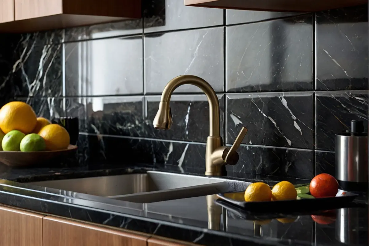 Dark Marble Backsplash for Kitchen Sink 0