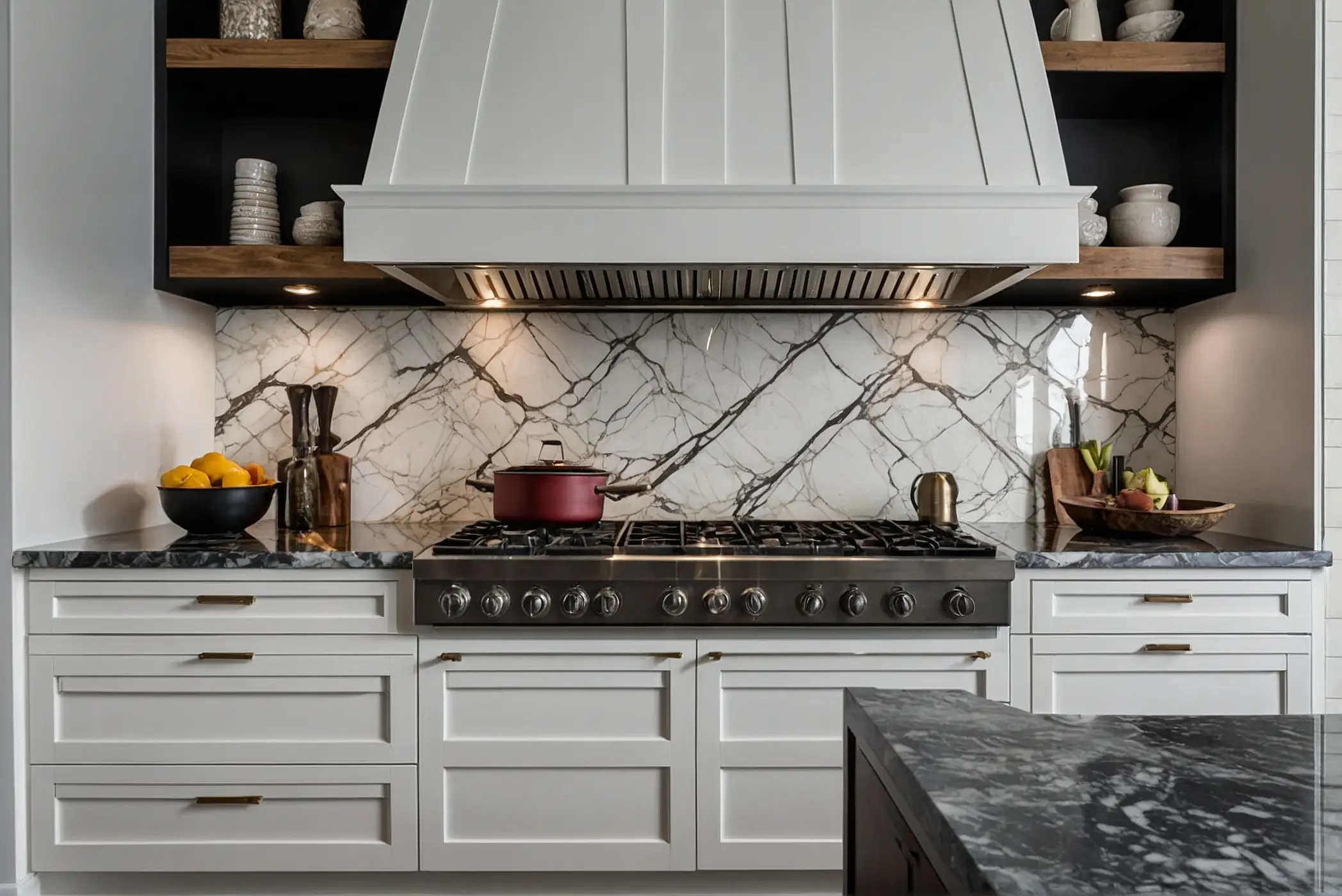 Elevate your kitchen design with a marble backsplash white cabinets 0
