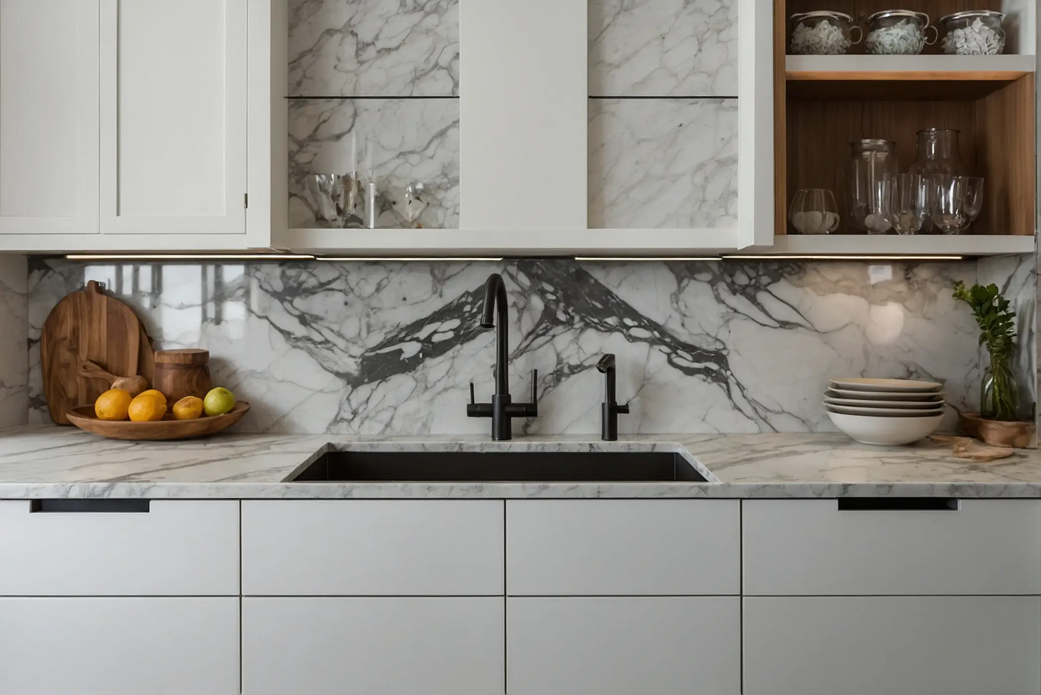 Elevate your kitchen design with a marble backsplash white cabinets 2