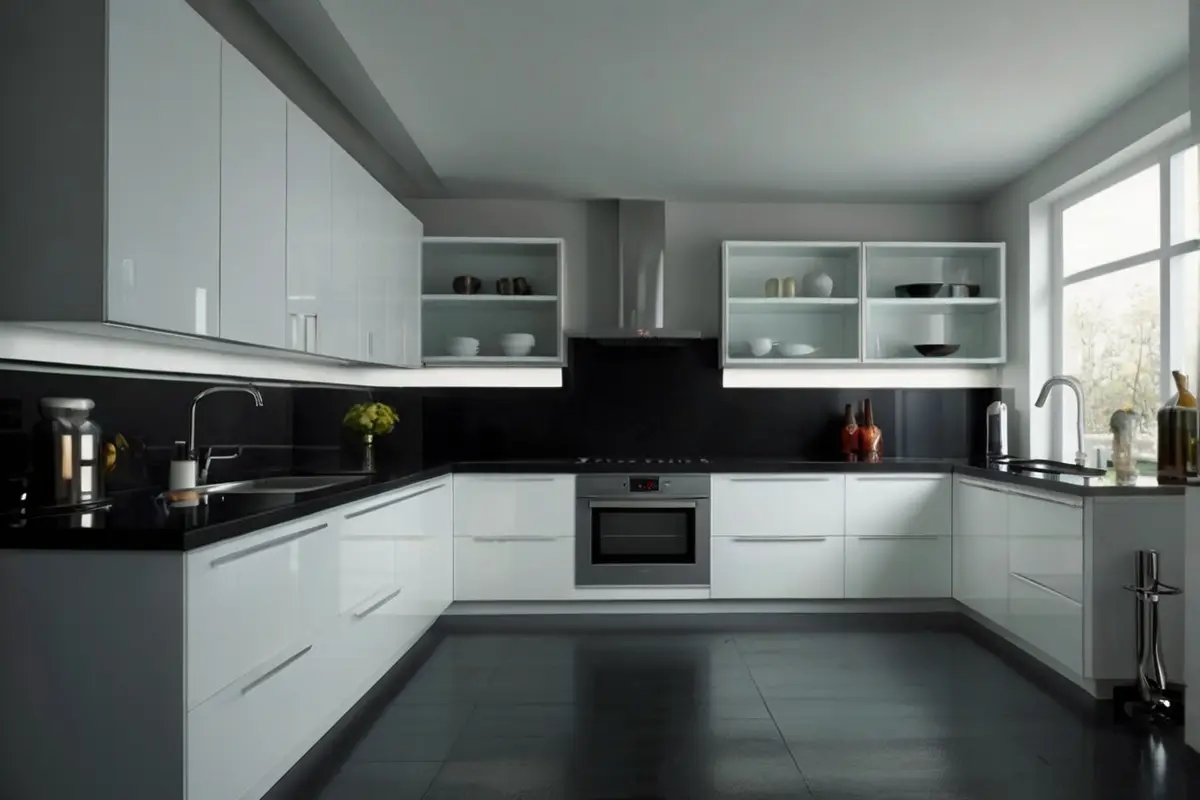 Futuristic Backsplash Designs for White Cabinets and Black Countertop