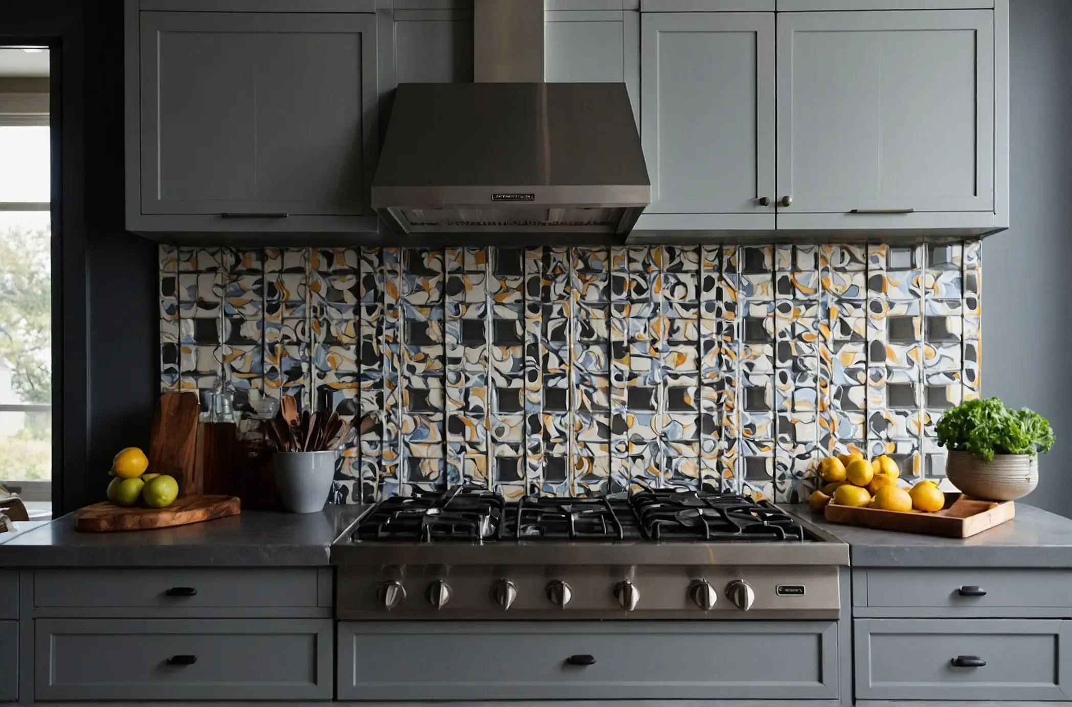 Geometric Patterns Subway Tiles Backsplash Ideas For Grey Cabinet 1