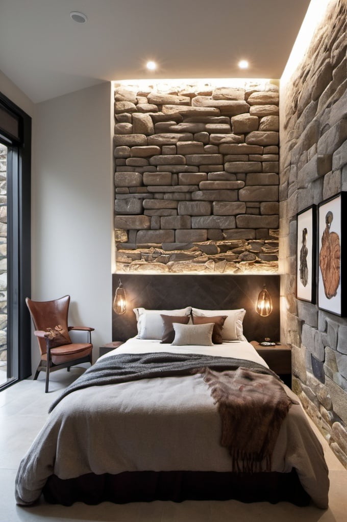 Goblin Core Bedroom Ideas with stone accent wall