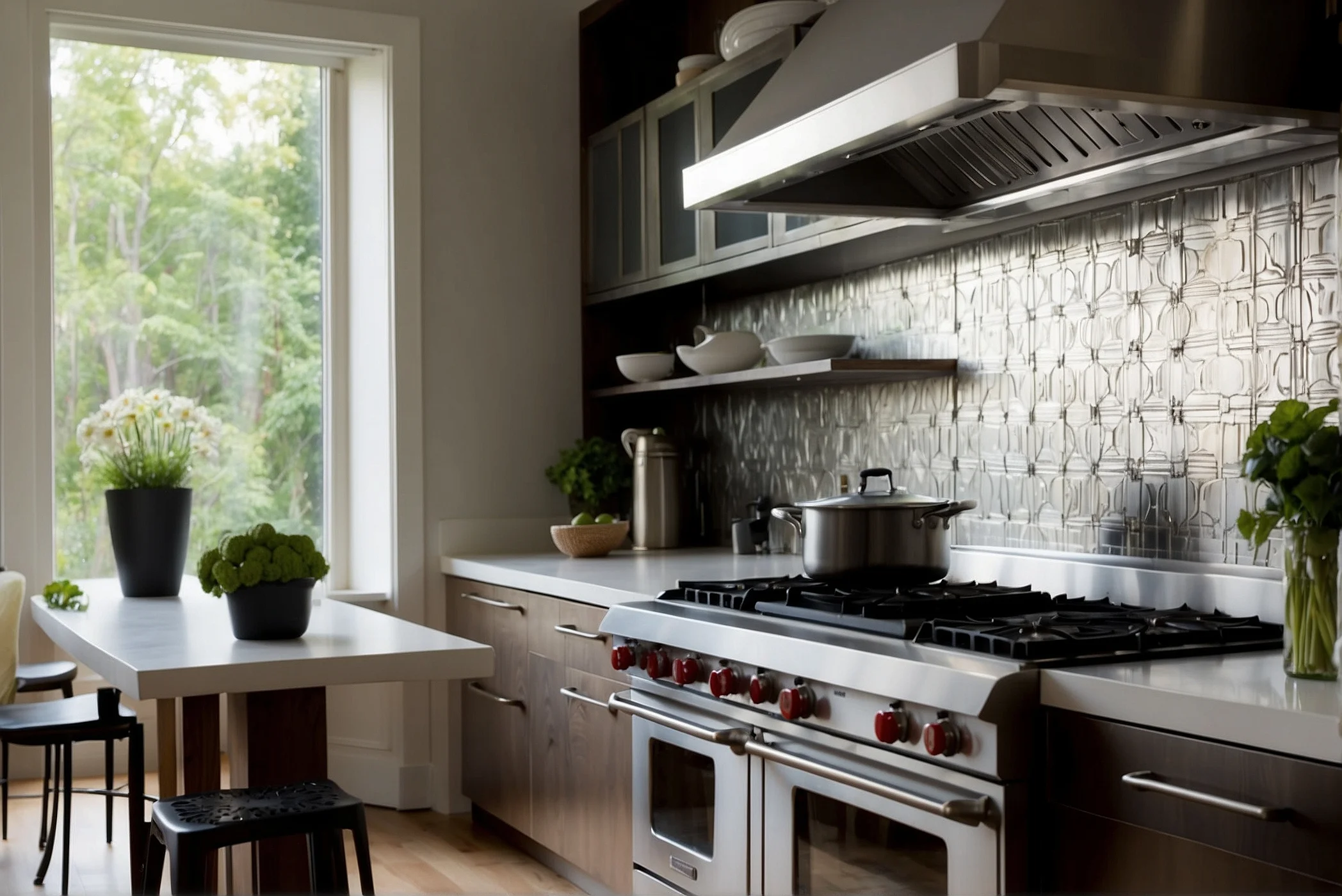 Modern Stainless Steel Monochromatic Backsplash Behind Stove 4