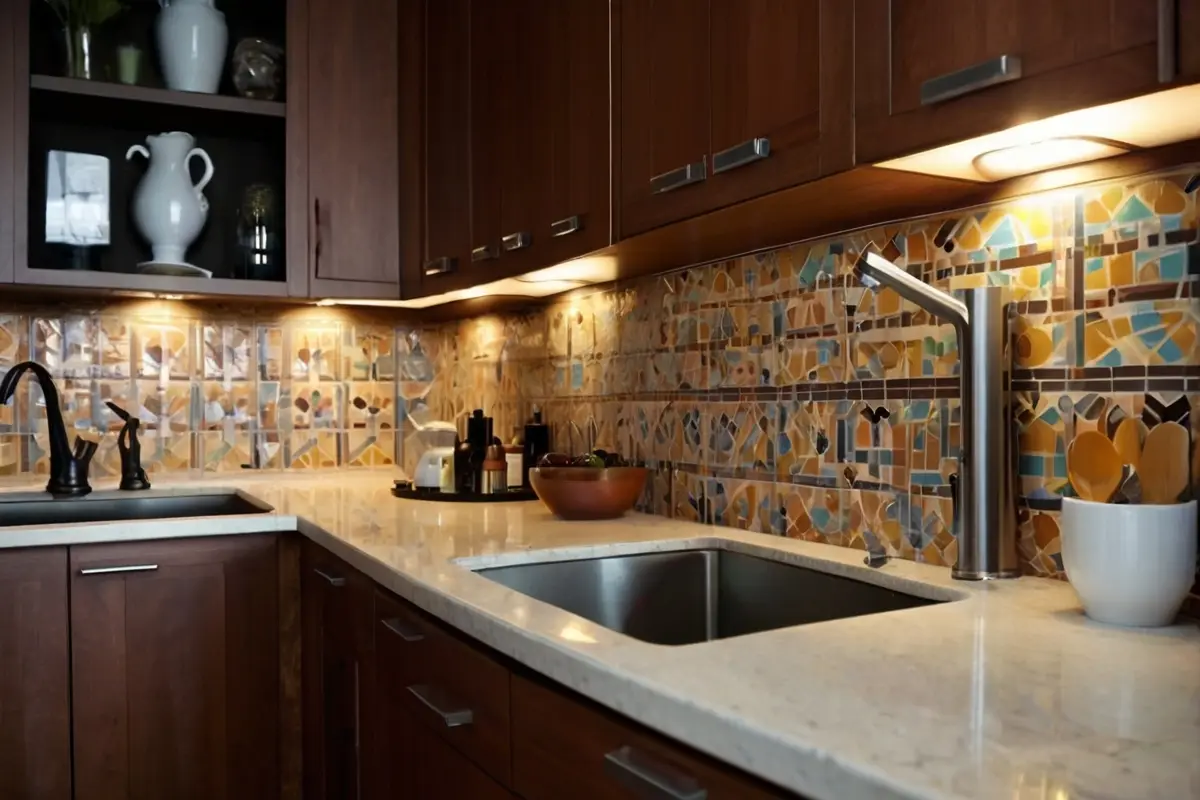 Modern mozaic pattern backsplash Backsplash Ideas for Brown Cabinets