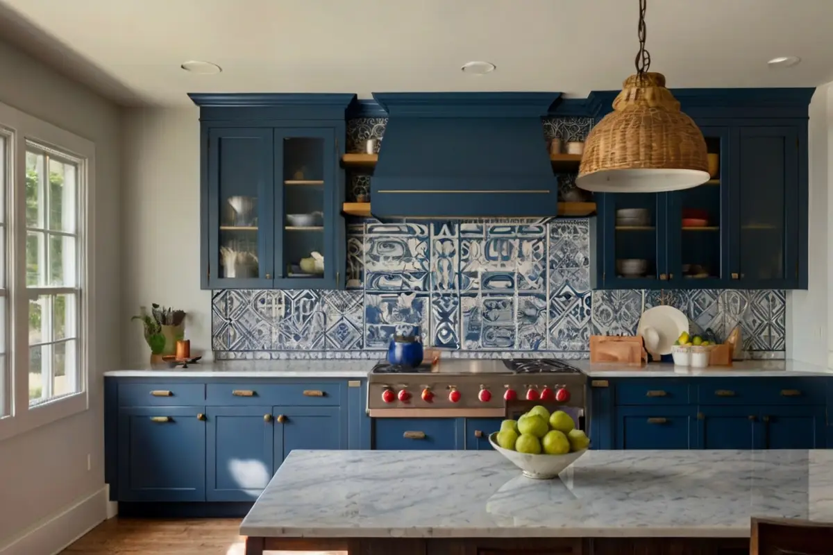Mosaic Backsplash Ideas for Blue and White Kitchen Cabinets 2