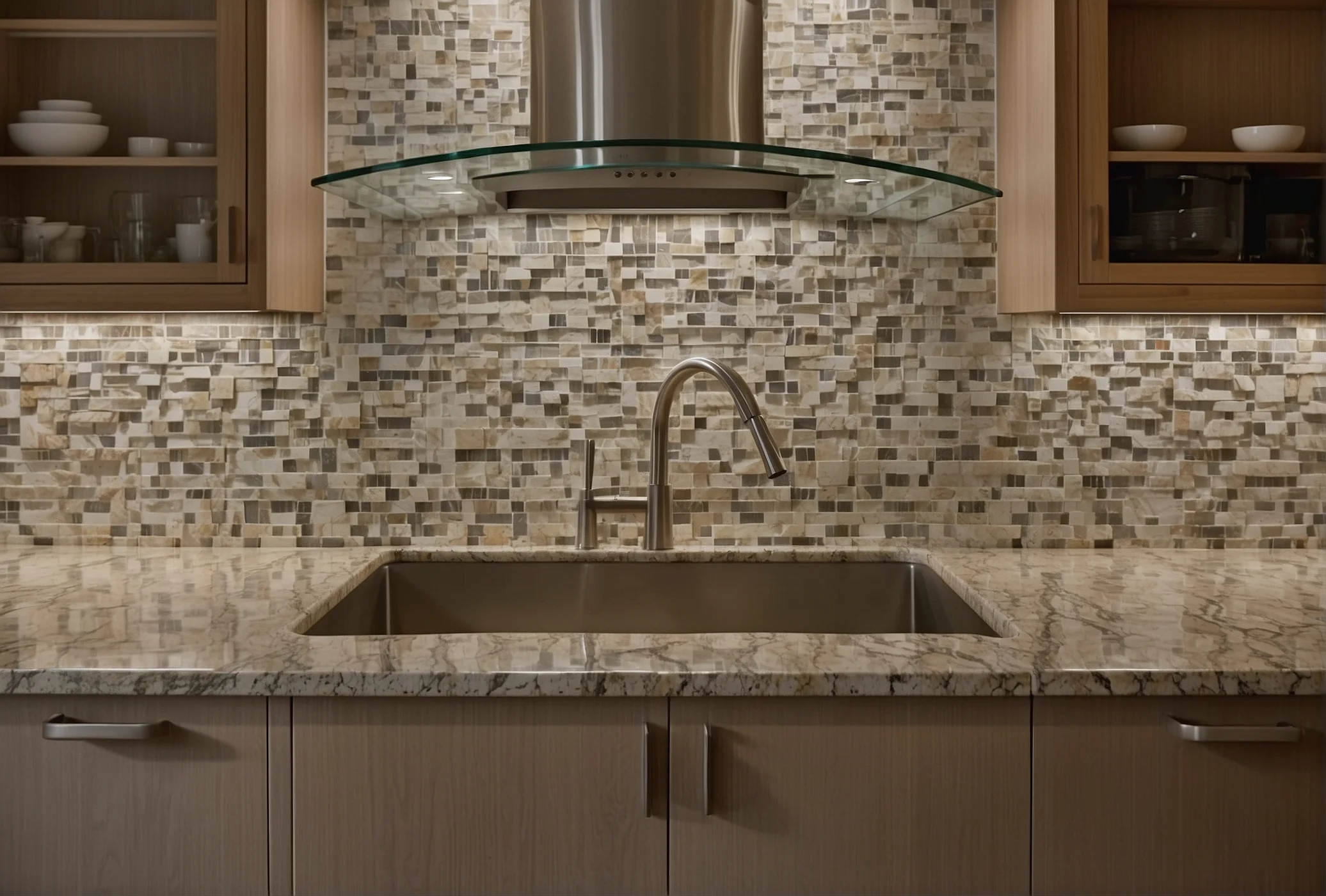 Mosaic Backsplash with Off White Cabinets Ideas 3