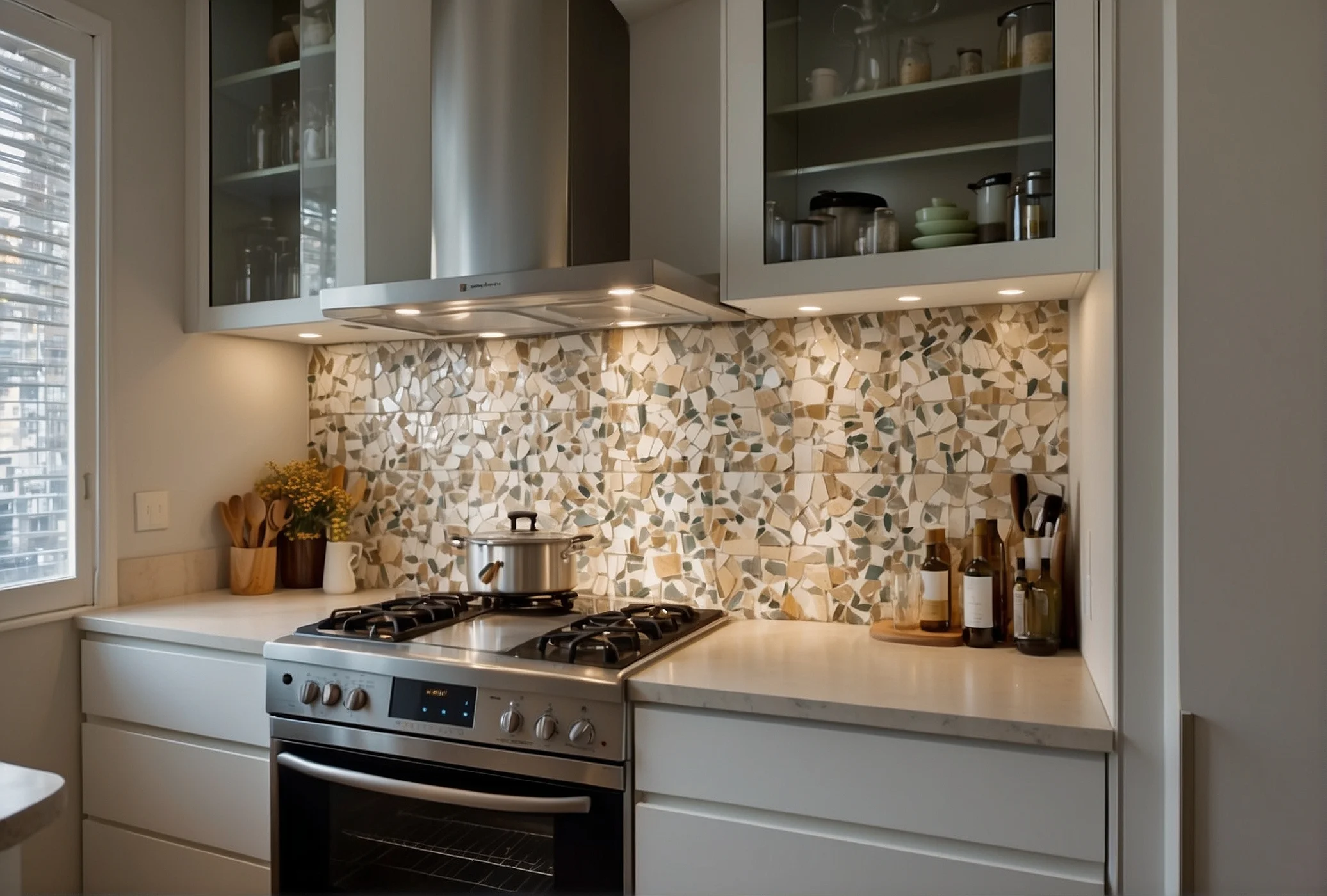 Mosaic Backsplash with Off White Cabinets Ideas 4