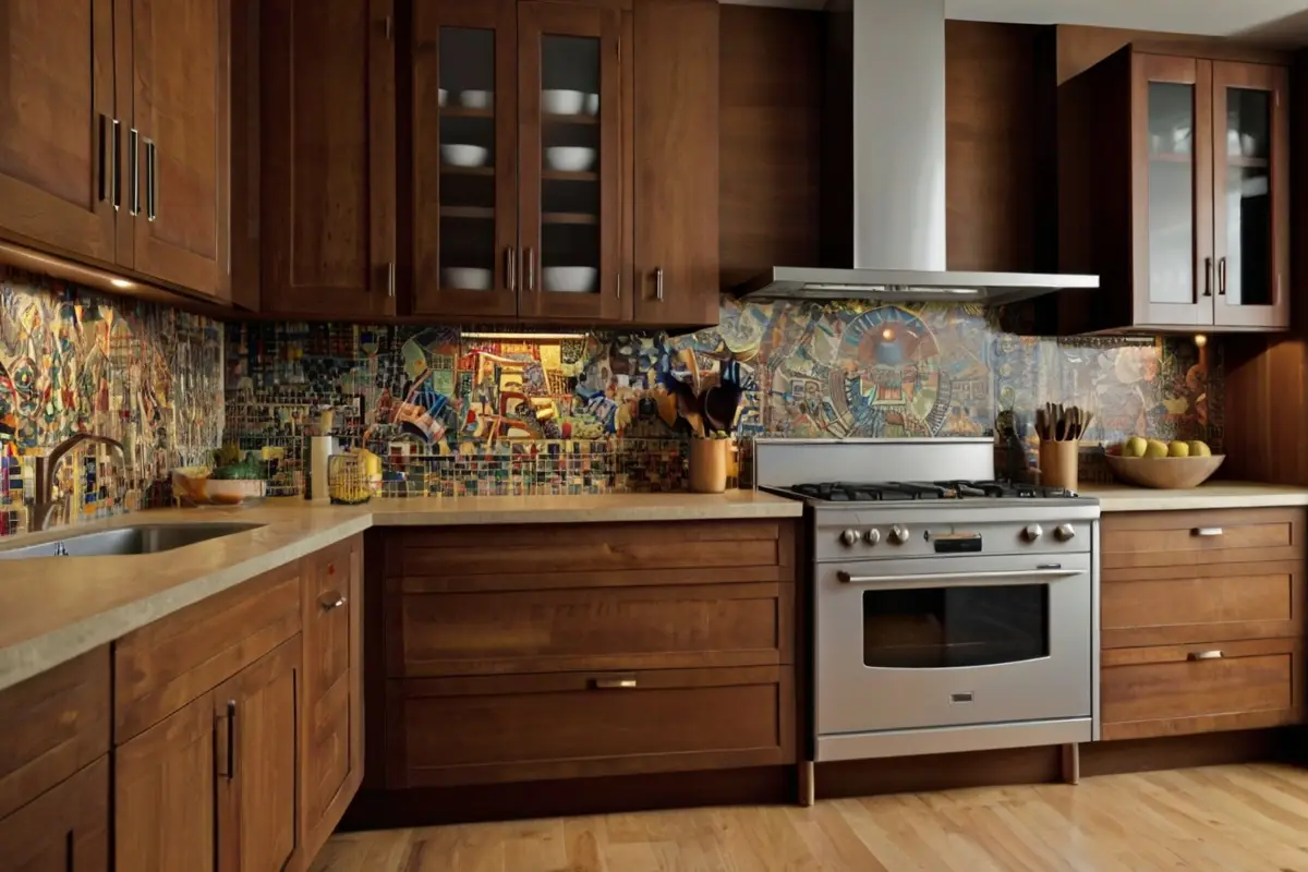 Mozaic Pattern Backsplash Ideas for Brown Cabinets