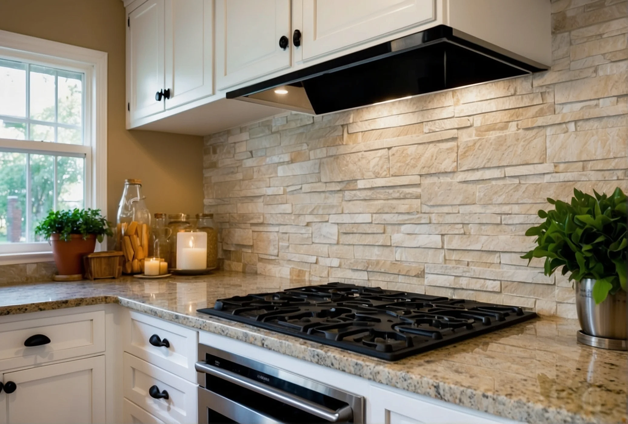 Natural Stone Backsplash for White Cabinets Ideas 2