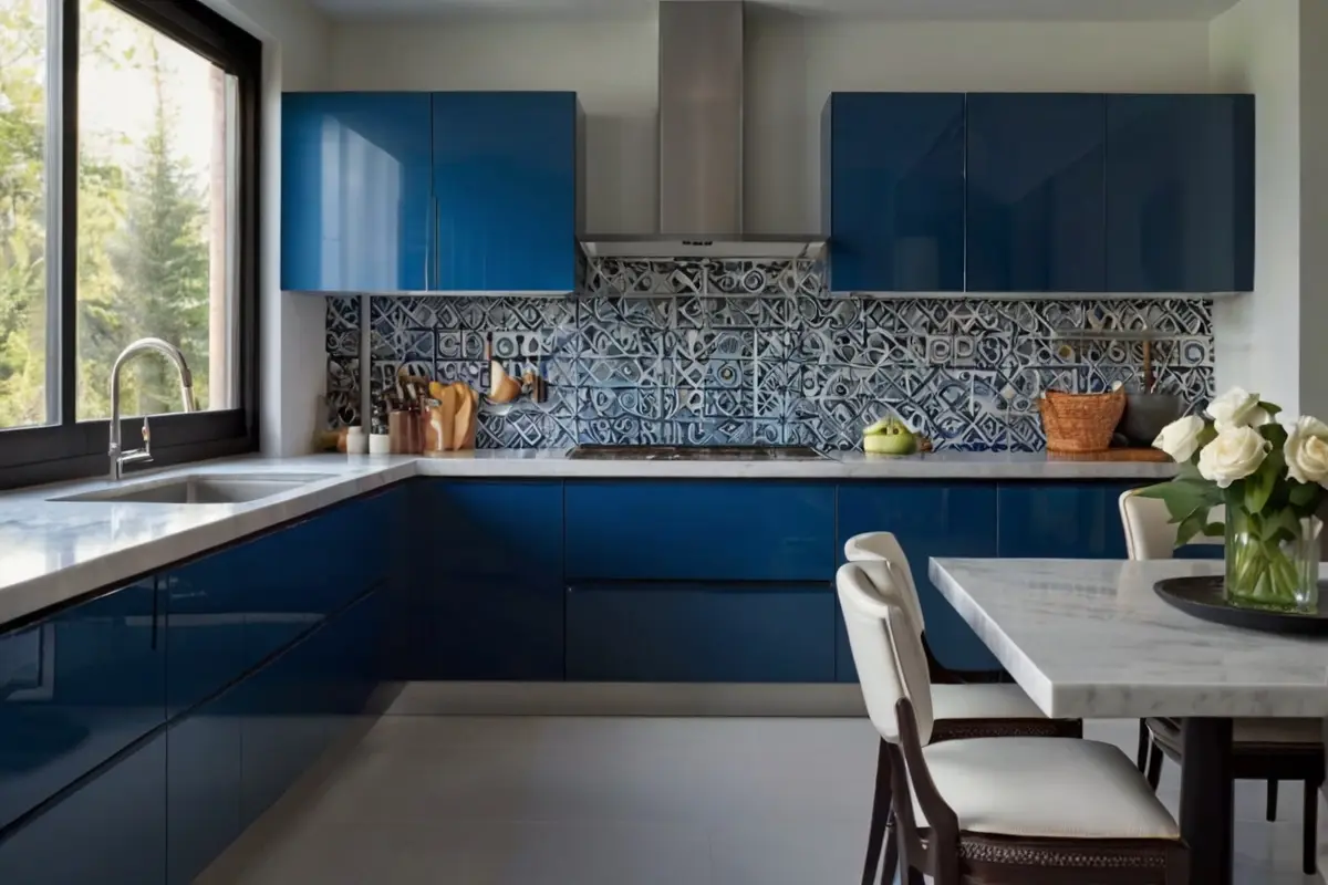 Sleek Backsplash Ideas for Blue and White Kitchen Cabinets