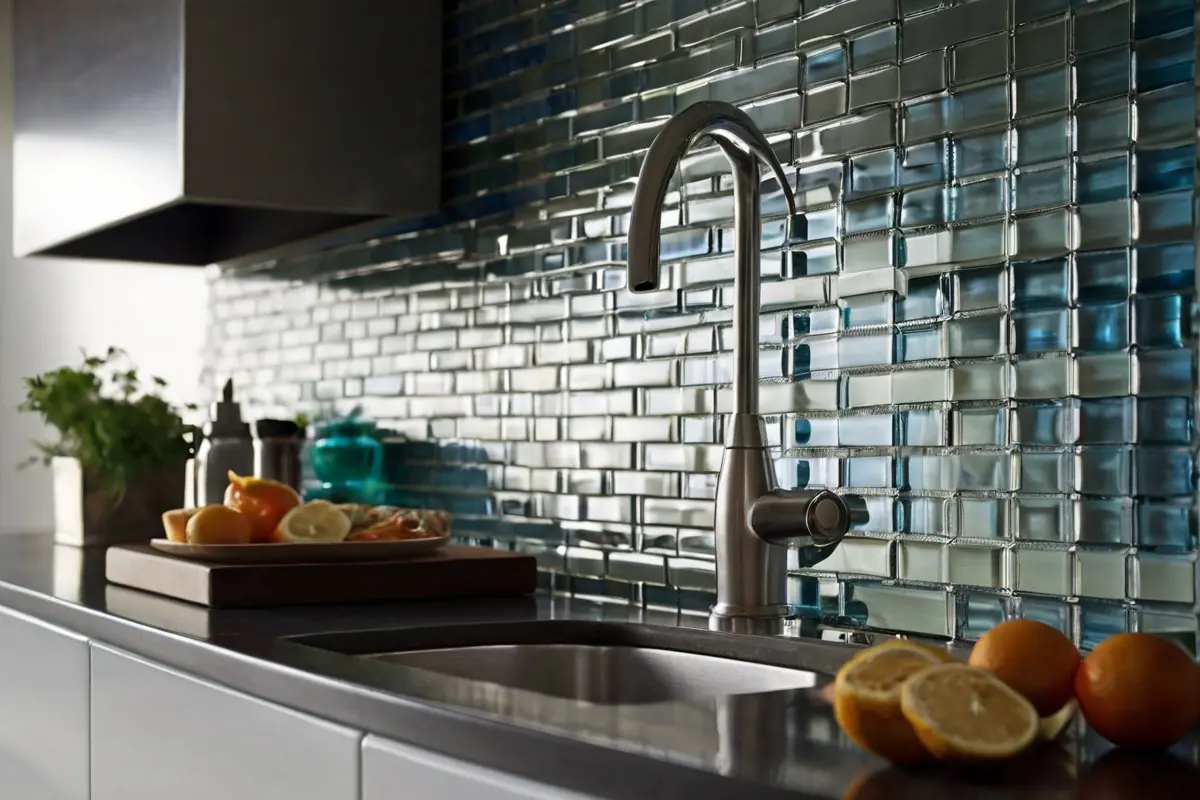 Sleek and Modern Glass Tiles Backsplash for Kitchen Sink