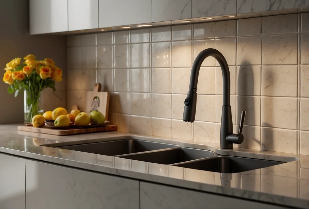 Sleek and Warm Backsplash with Off White Cabinets 1