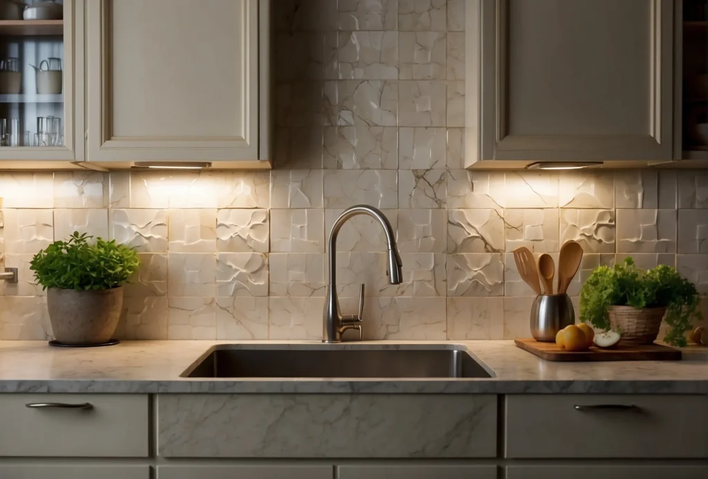 Sleek and Warm Backsplash with Off White Cabinets 2