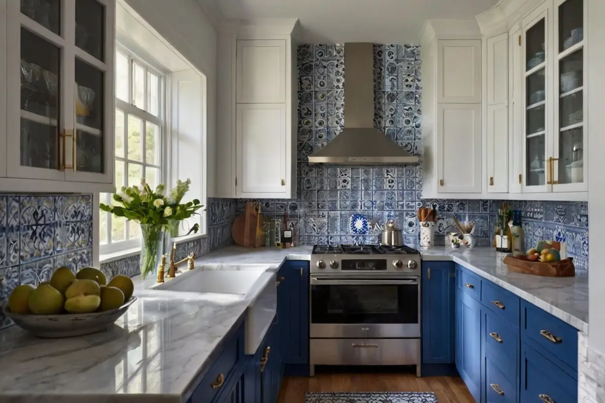 Timeless Backsplash Ideas for Blue and White Kitchen Cabinets 1