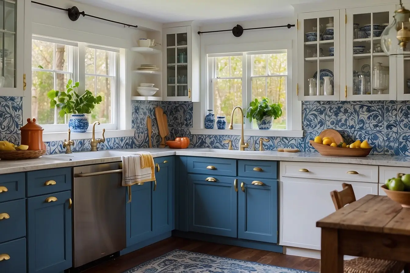Warm Backsplash Ideas for Blue and White Kitchen Cabinets 1