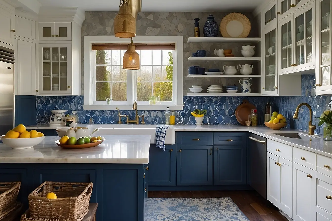 Warm Backsplash Ideas for Blue and White Kitchen Cabinets 2
