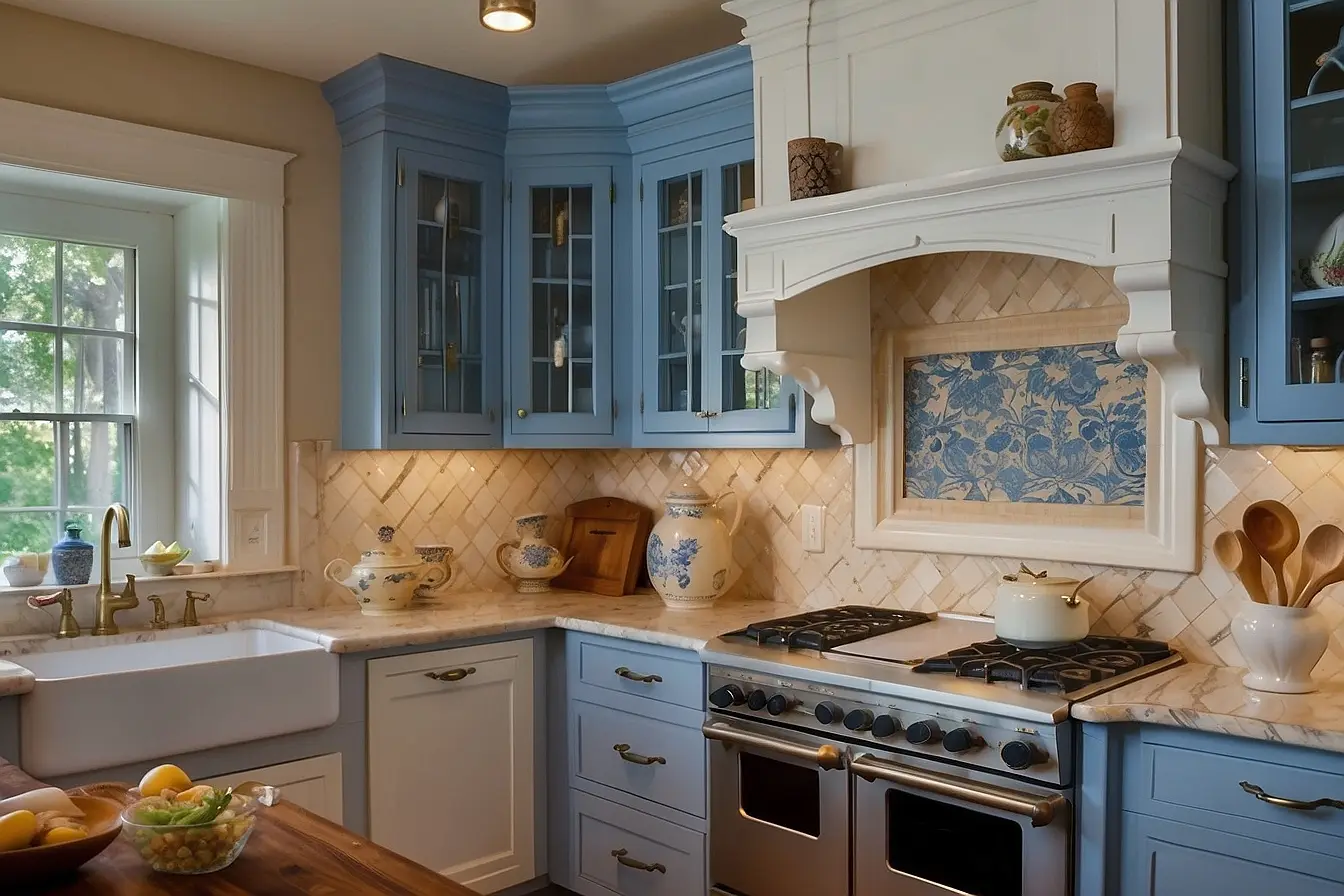 Warm Backsplash Ideas for Blue and White Kitchen Cabinets 3