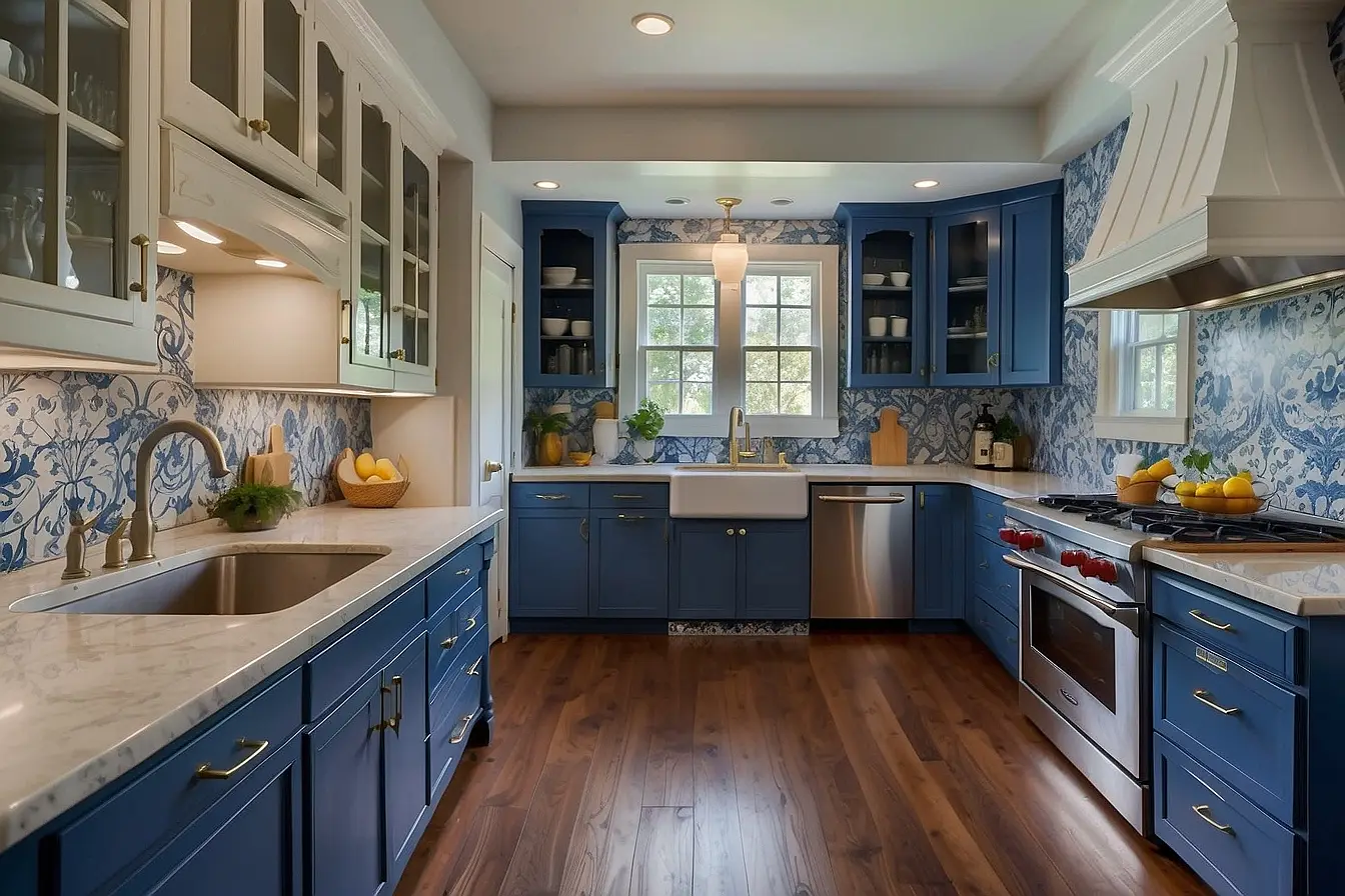 Warm Backsplash Ideas for Blue and White Kitchen Cabinets 4