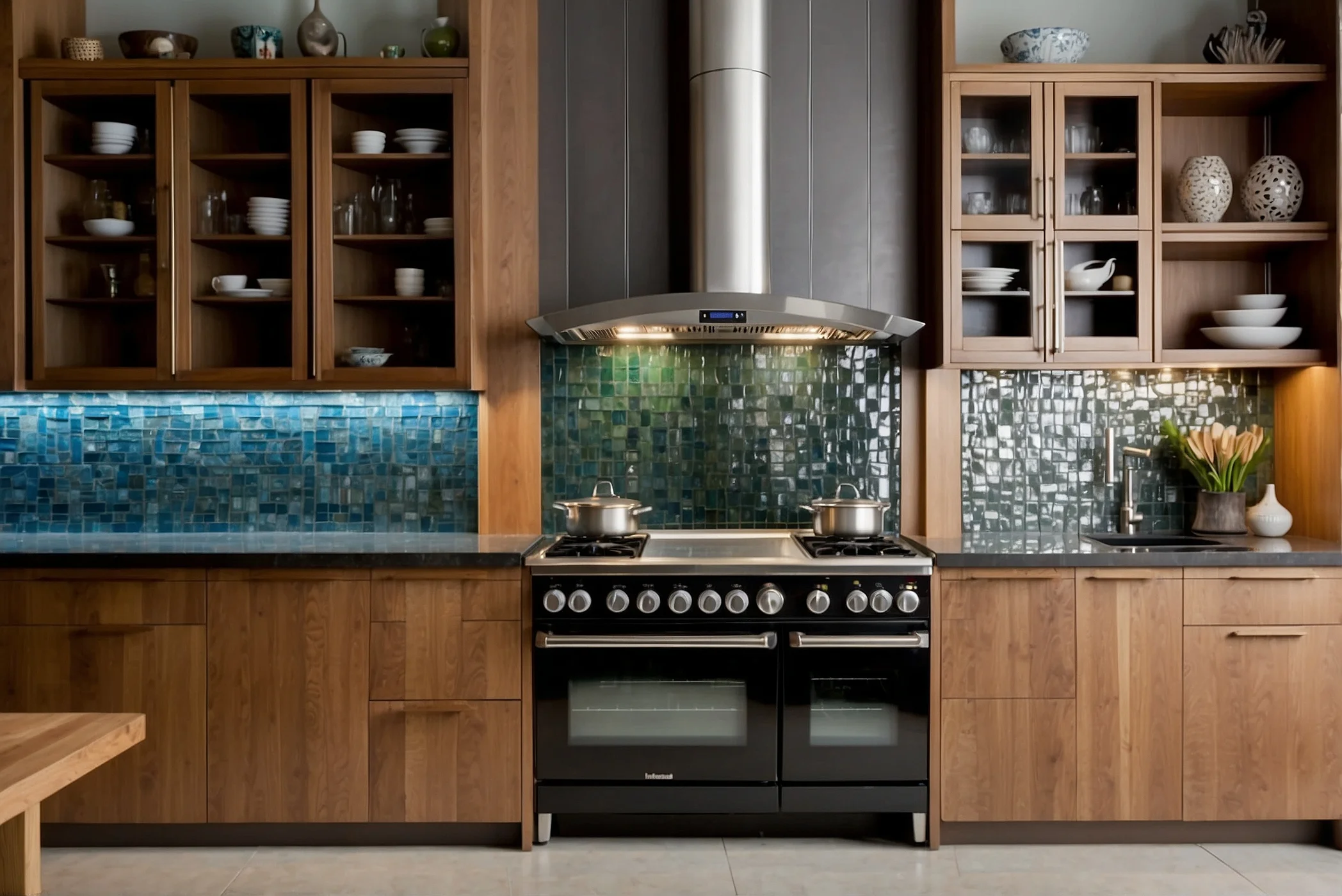 Wooden combined with sleek glass Sleek Backsplash Behind Stove Designs 2