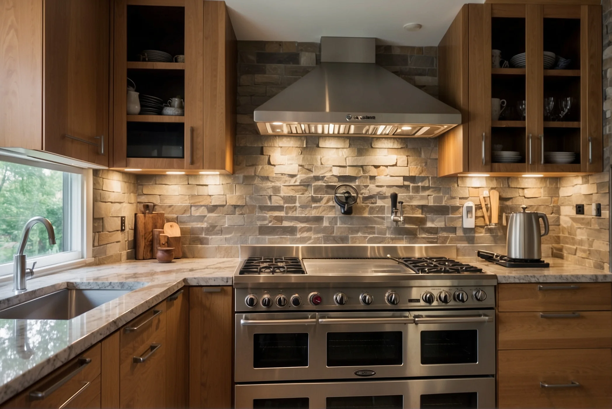 Wooden combined with sleek glass Sleek Backsplash Behind Stove Designs 3