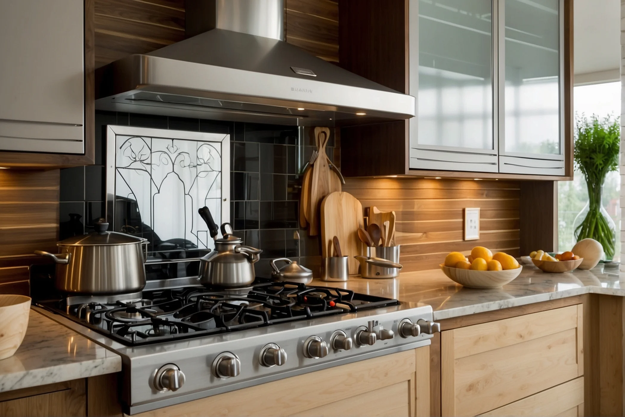 Wooden combined with sleek glass Sleek Backsplash Behind Stove Designs 4