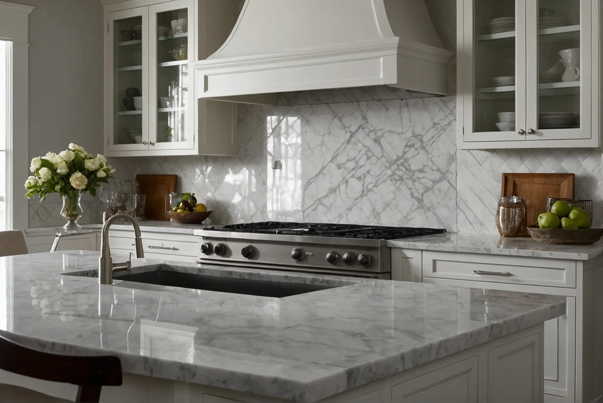 a sophistication to your home with a marble backsplash white cabinets 2
