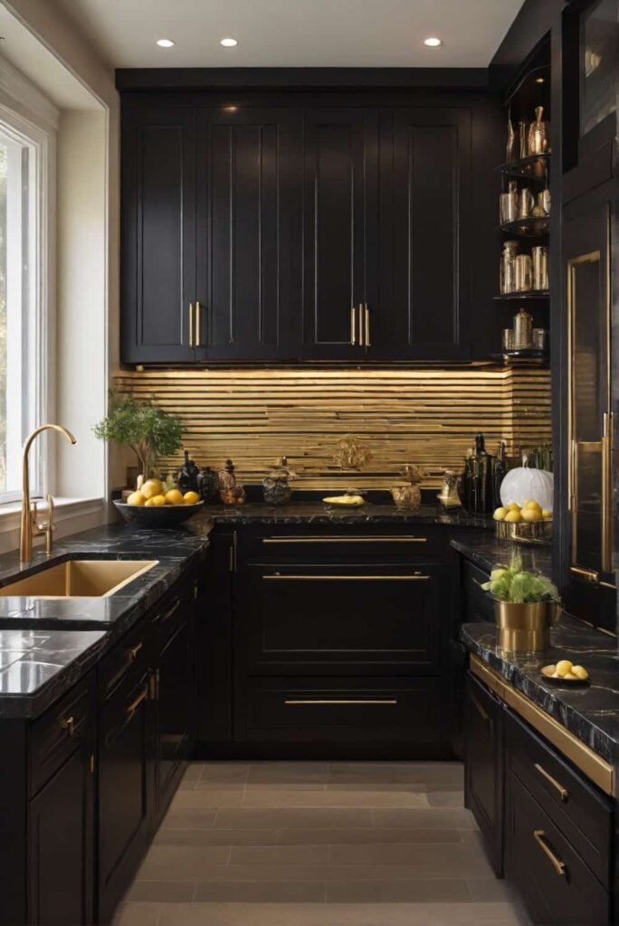 backsplash for black granite countertops with gold strips accent