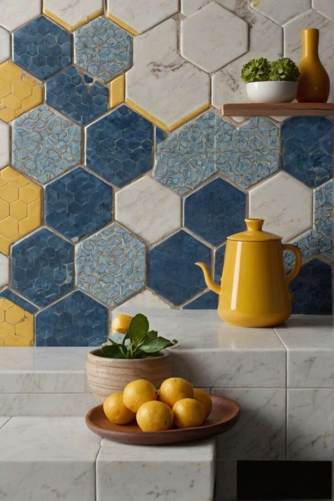 backsplash tile ideas washedout blue or yellow hexagon 1