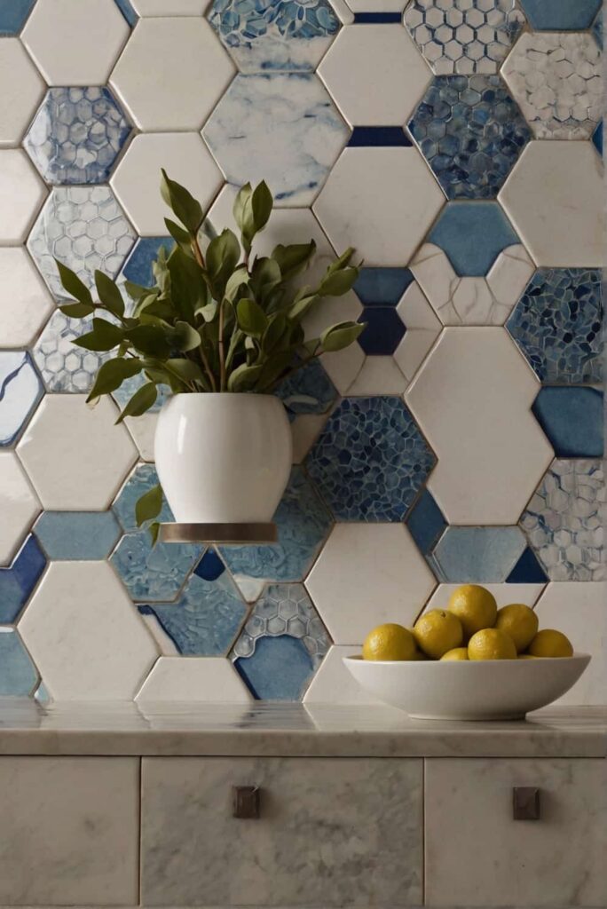 backsplash tile ideas with symmetric sharp hexagon tile