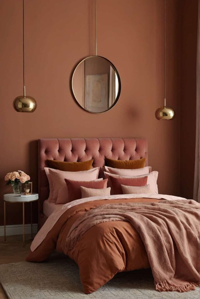 bedroom interior design ideas in rich earthy burnt orange and muted pink for unwinding 2