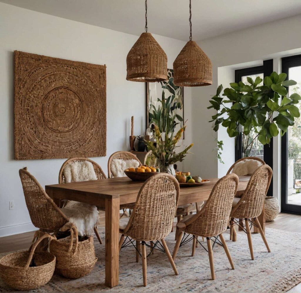 boho dining table ideas in paired upholstered chairs with wicker ones 1