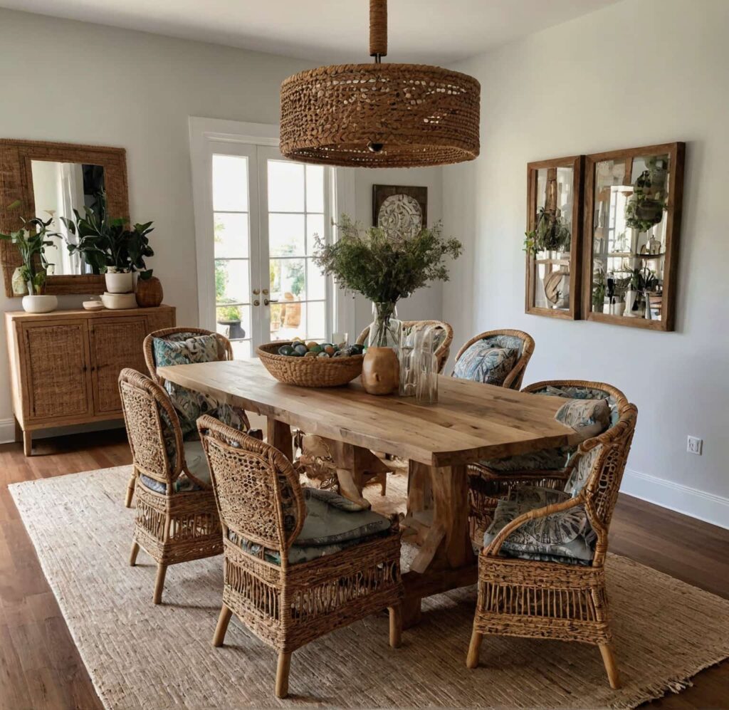 boho dining table ideas in paired upholstered chairs with wicker ones 2