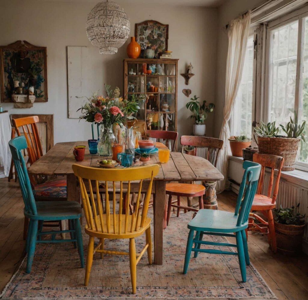 boho dining table ideas in vintage wooden chairs with