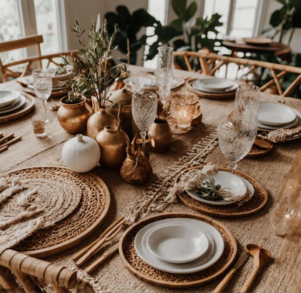 boho dining table ideas with bamboo flatware 