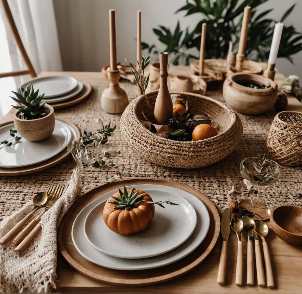 boho dining table ideas with bamboo flatware 1