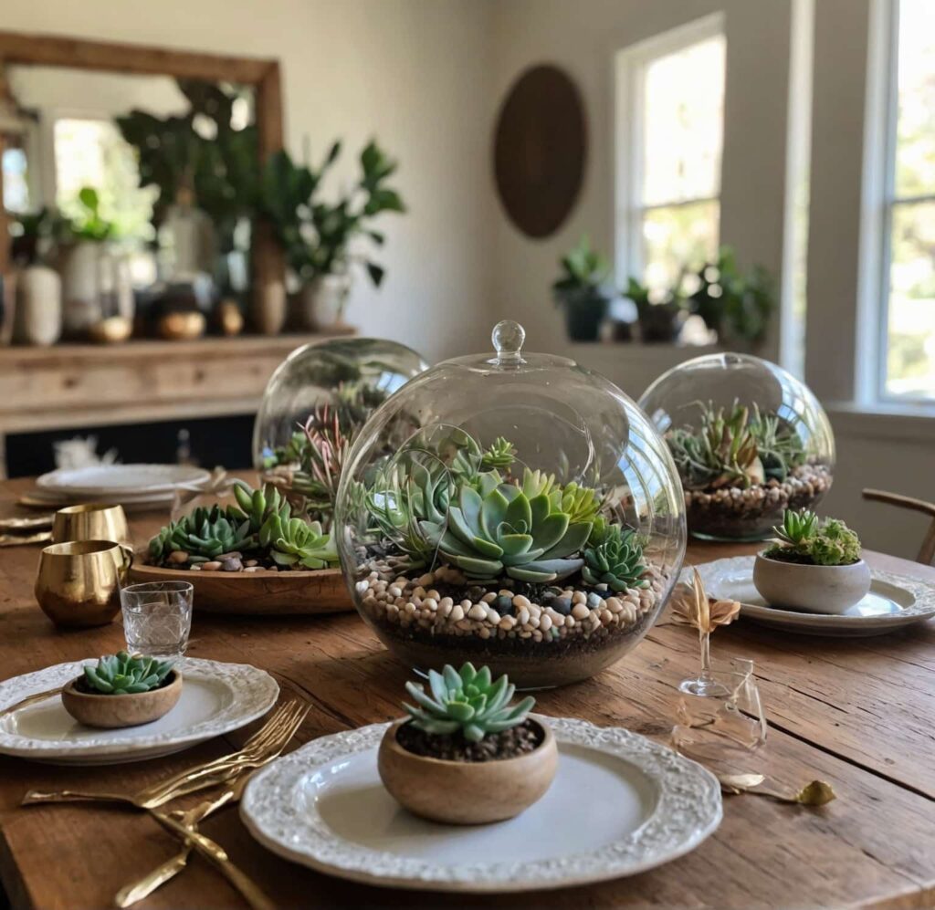boho dining table ideas with succulent terrariums 