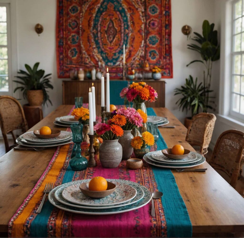boho dining table ideas with vibrant table runner in 2