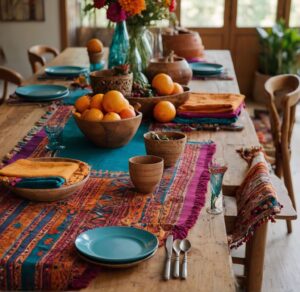 boho dining table ideas with vibrant table runner in