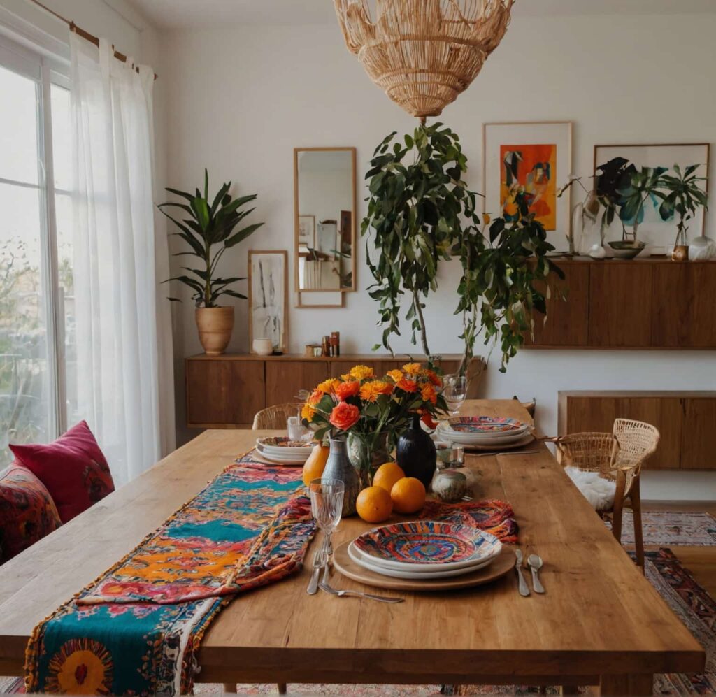 boho dining table ideas with vibrant table runners in