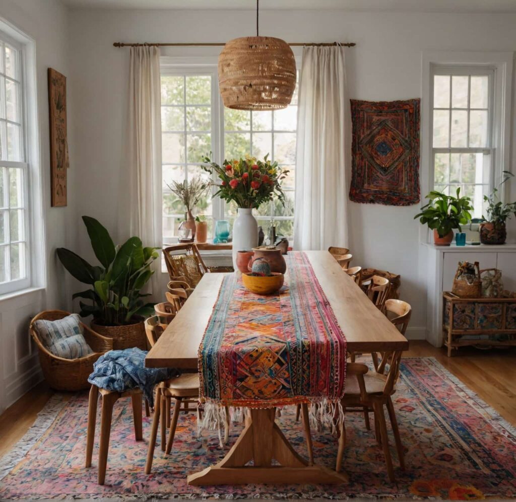 boho dining table ideas with vibrant table runners in 2